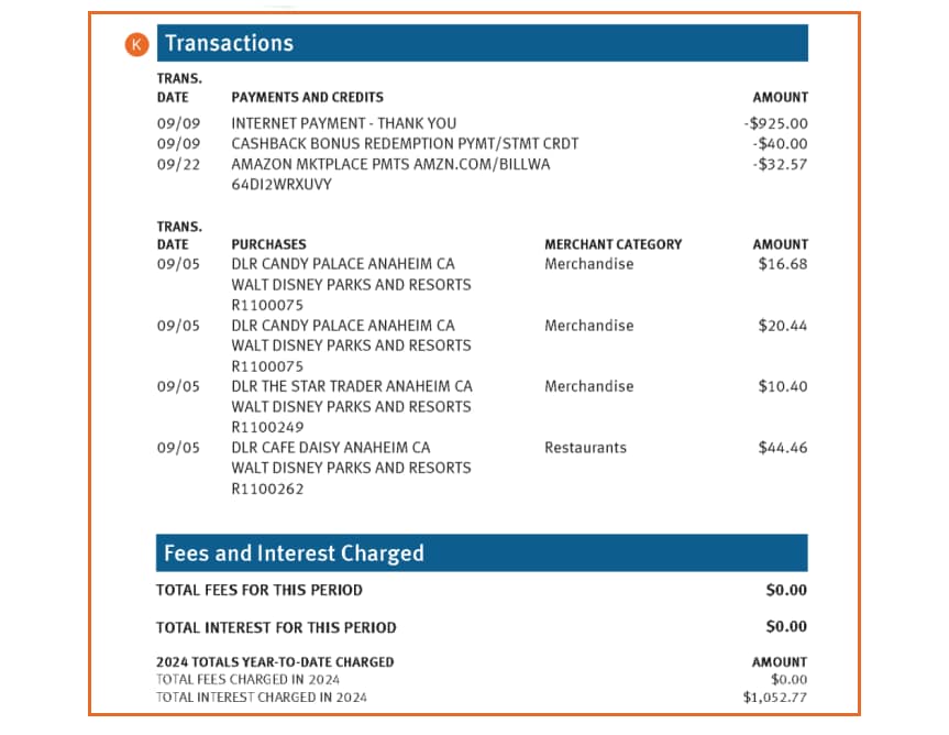 The “transactions” and “fees and interest charged” sections of a Discover<sup>®</sup> Card statement.