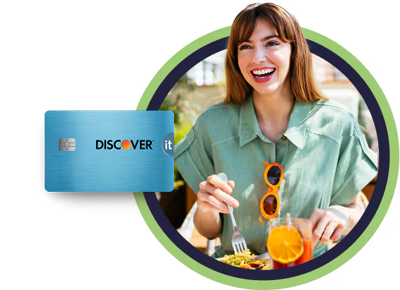 Credit Card overlaying a women smiling while eating food