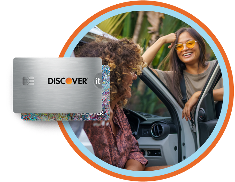 Young woman with orange sunglasses leans on an open car door while taking to her friend