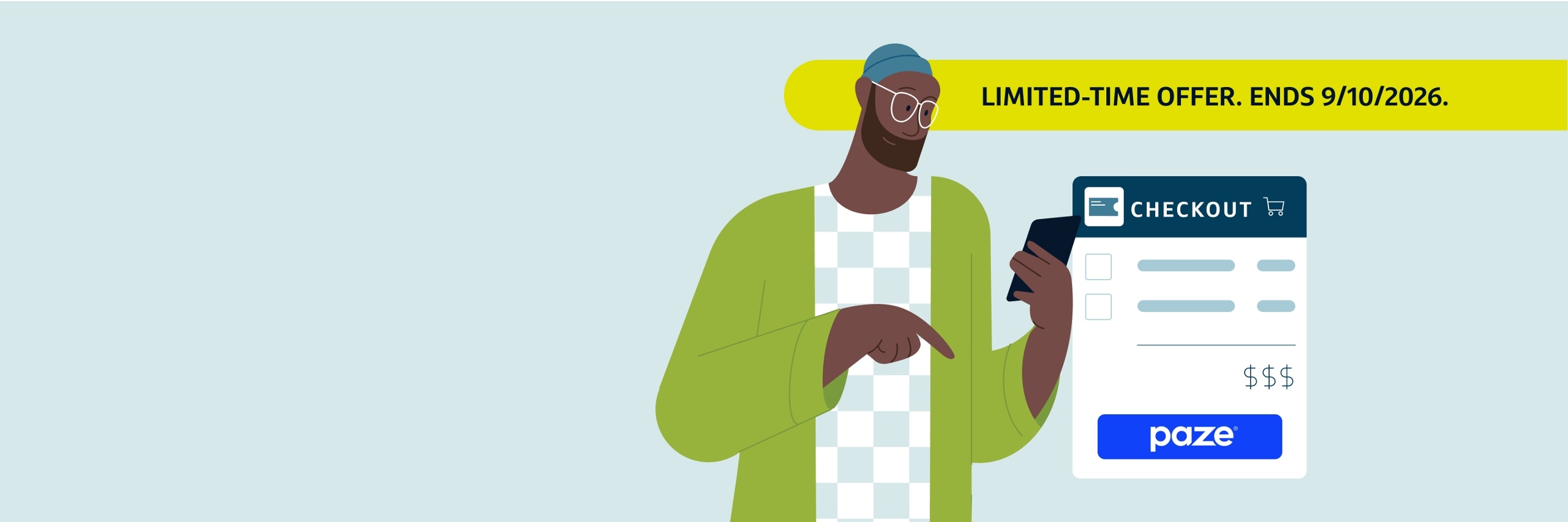 Illustration of a person on smartphone checking out with Paze