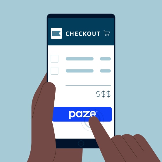 Smartphone displaying the option to select a card for payment in Paze