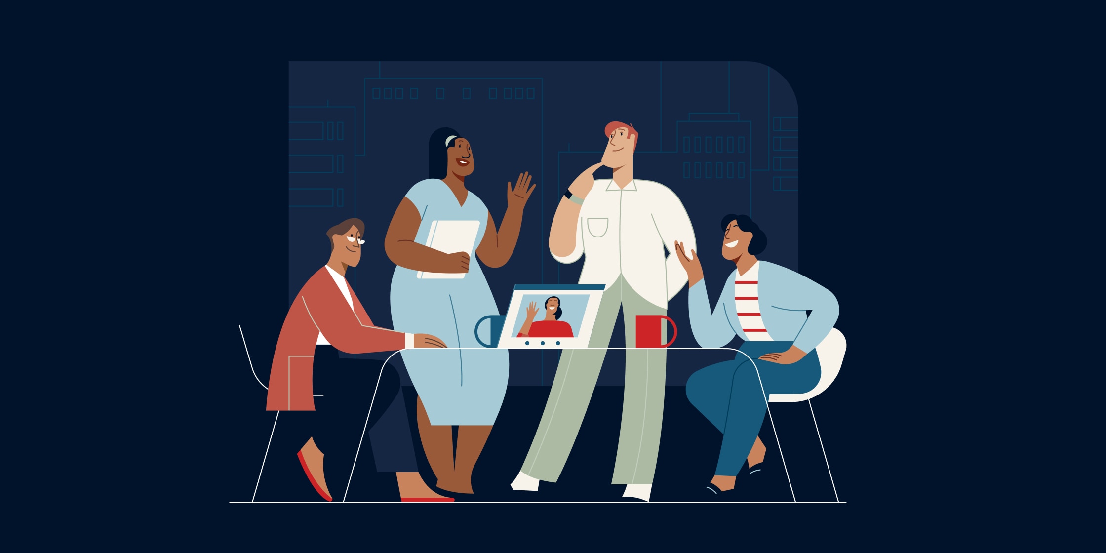 An illustration of a group of people chatting. Some are sitting on chairs around a table, others are standing over the table, and one person is on a video call on a laptop on the table.