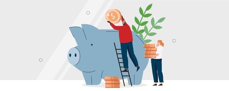 A drawing of a person on a ladder putting a coin into a large piggy bank.