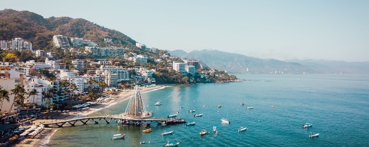 Aerial view of Playa Los Muertos, beach and pier in Puerto Vallarta, Mexico.