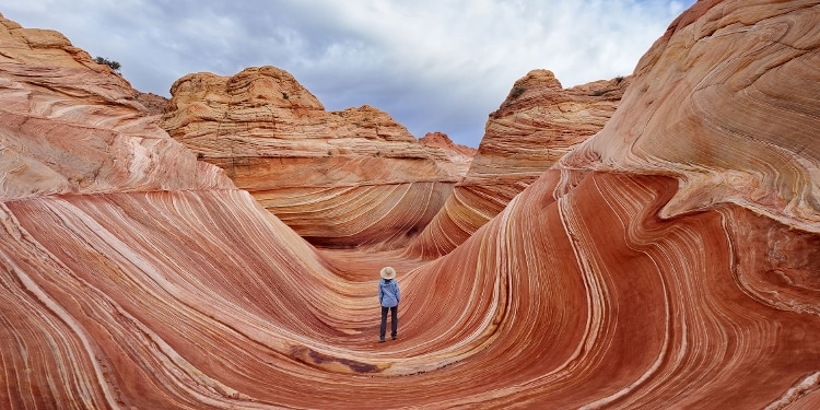 A hiker wearing a sun hat stands in Vermilion Cliffs National Monument and looks out at the landscape.