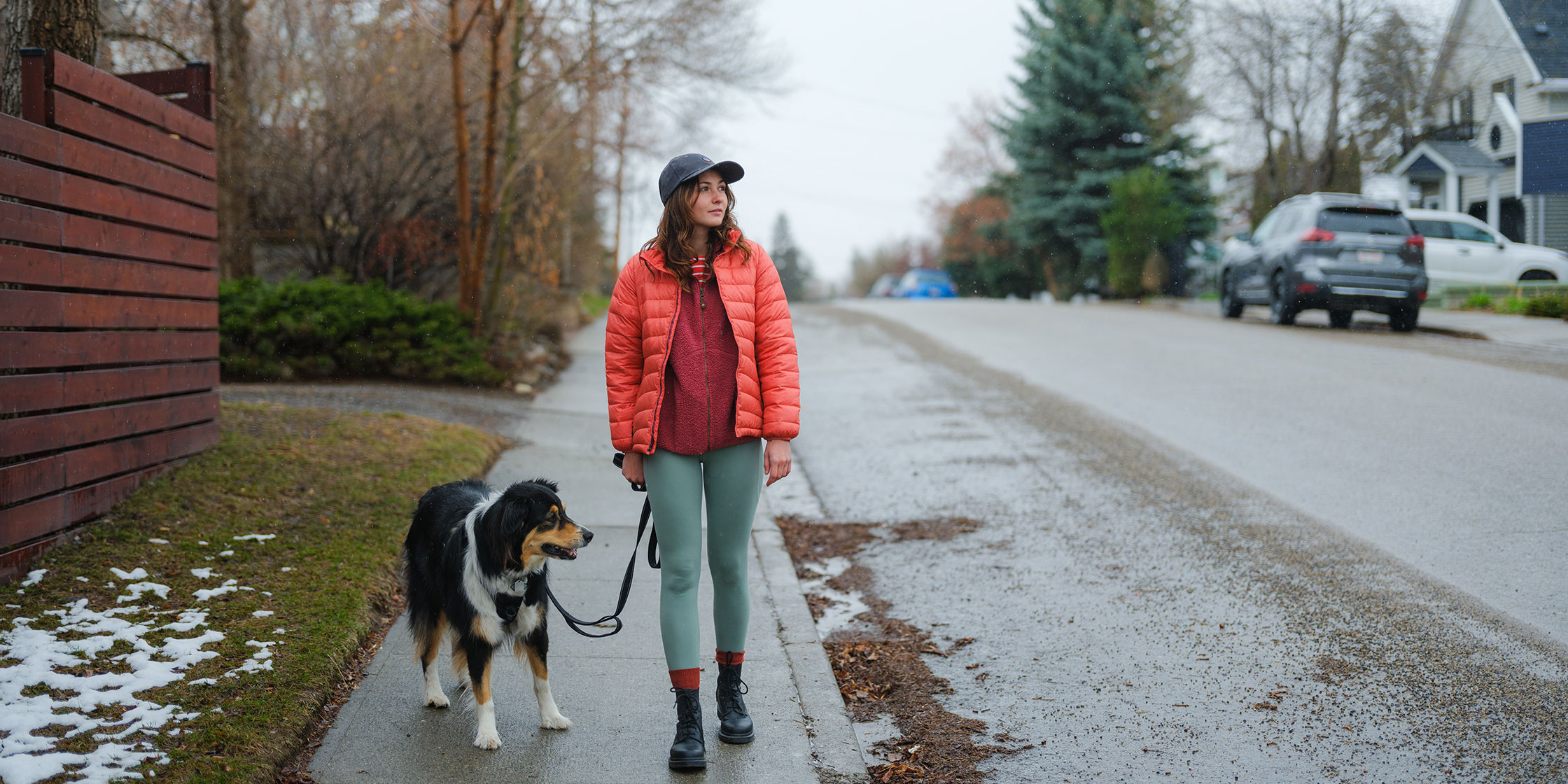 A woman walks her leashed dog down a residential street.