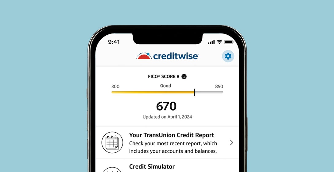 Illustration of the CreditWise home screen showing a credit score of 670.