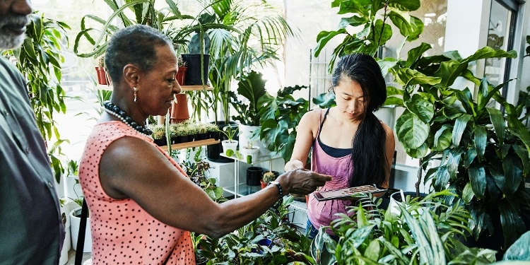 A cashier accepting a credit card payment from a couple shopping for plants.