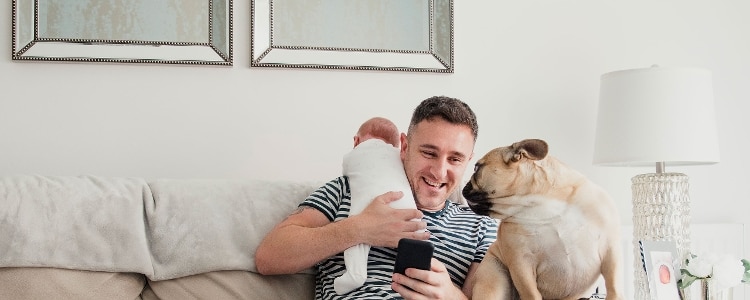 A person holds a baby and looks at a cellphone while a dog looks back at them