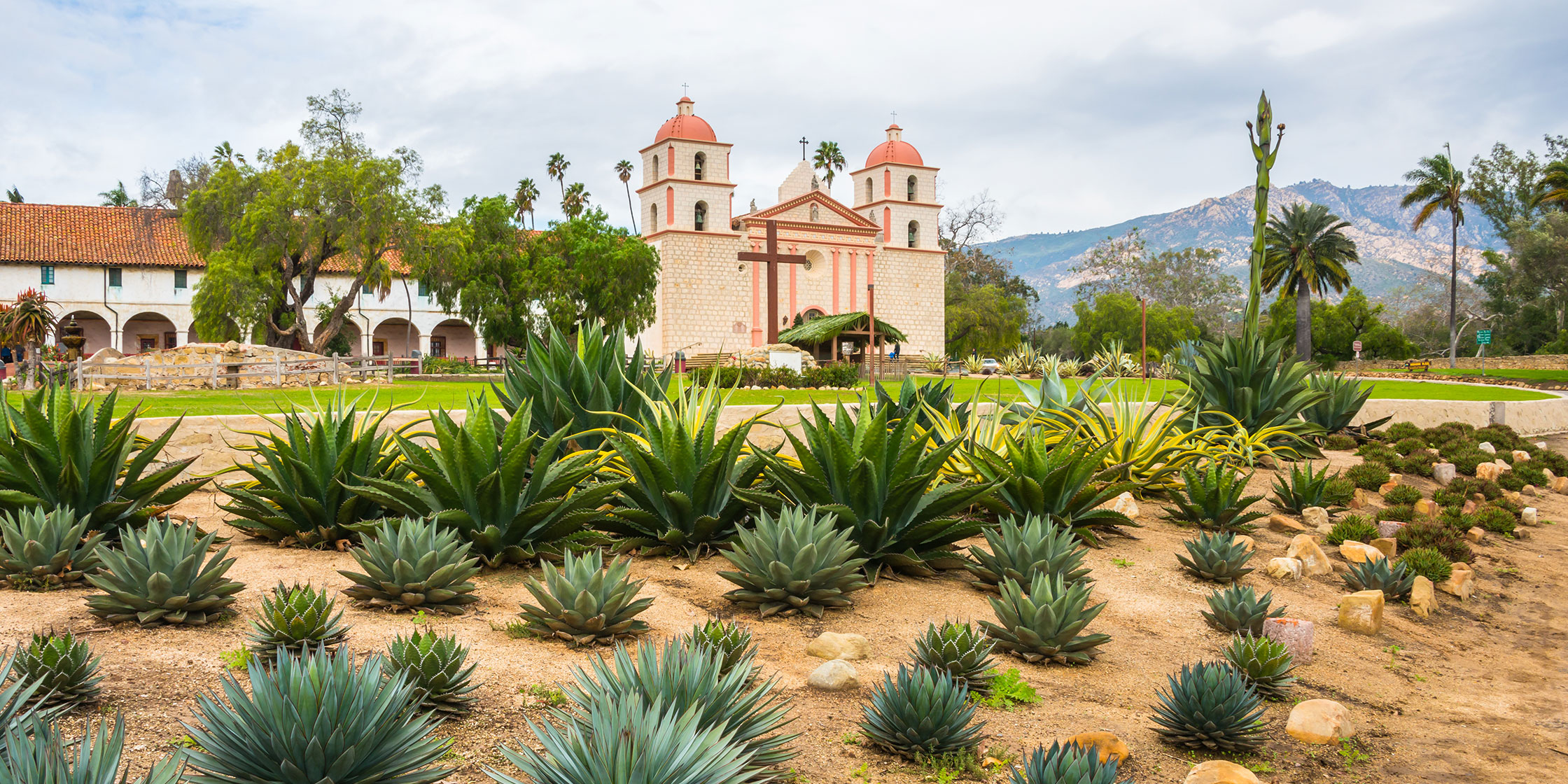 A view of Old Mission Santa Barbara and its grounds.