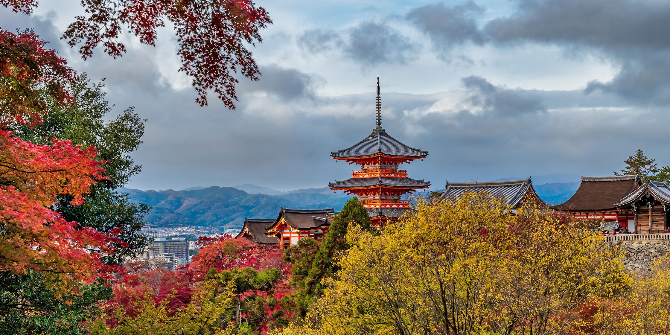 Colorful fall foliage landscape in Kiyomizu-dera shrine, Kyoto.