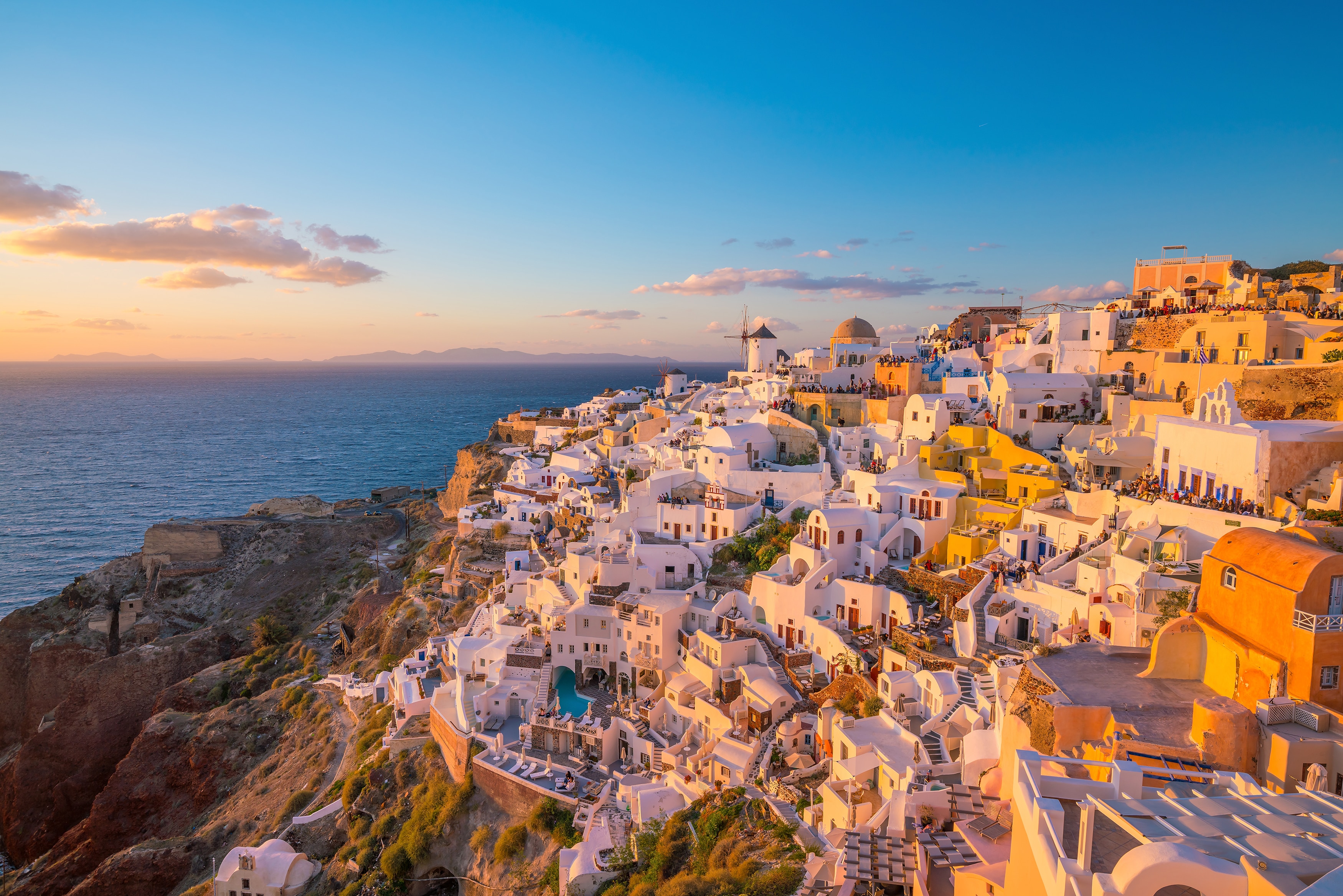 An aerial view of Oia in Santorini, Greece.