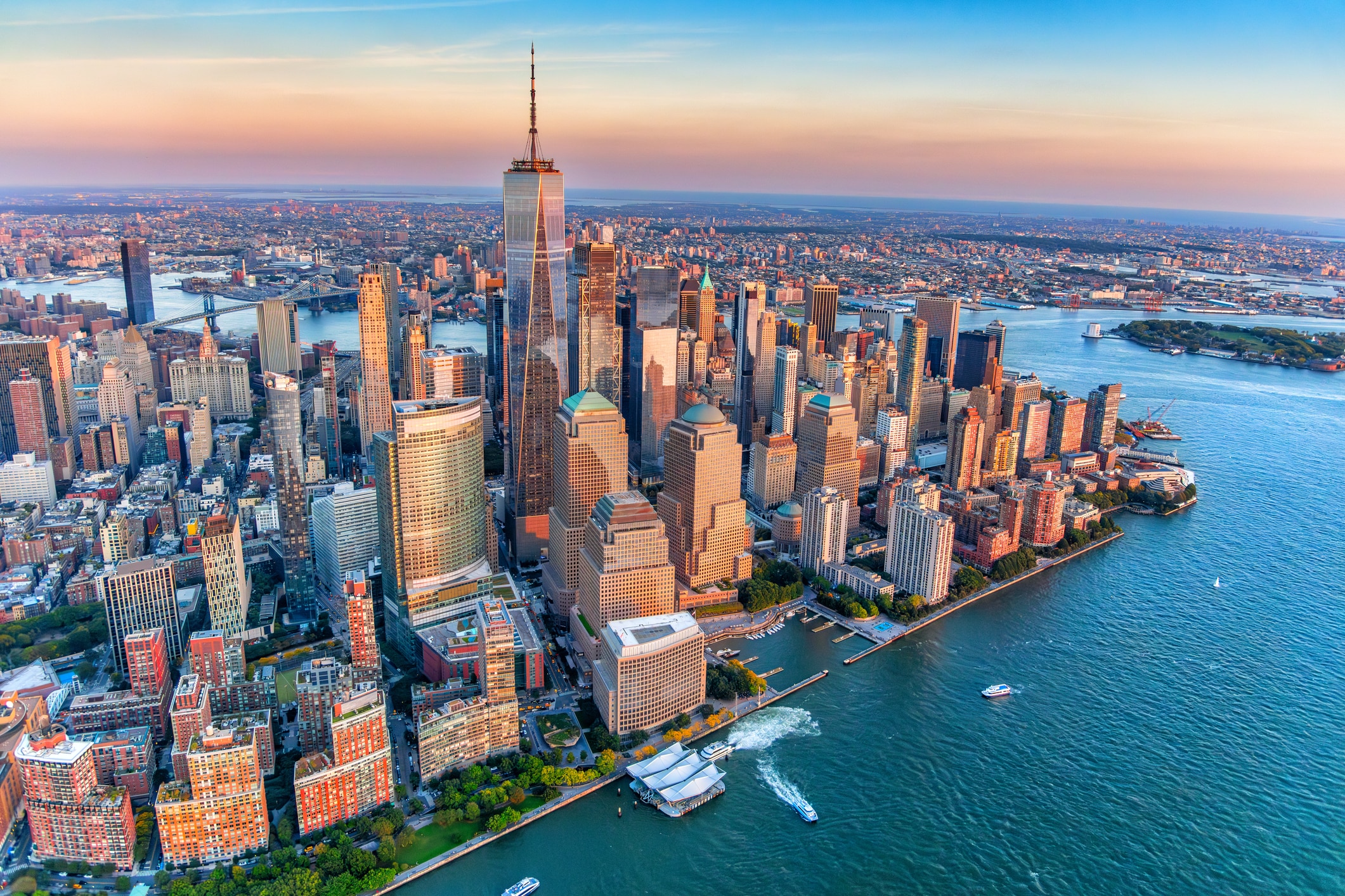 An aerial view of the skyscrapers of Lower Manhattan.