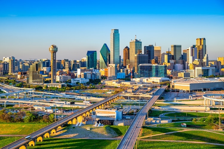 The skyscrapers and highways of downtown Dallas, Texas.