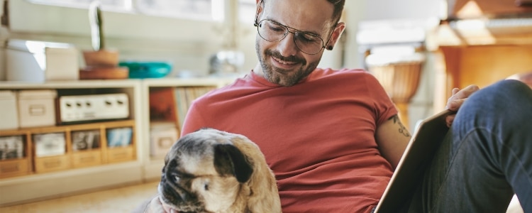 Person at home with their dog companion.