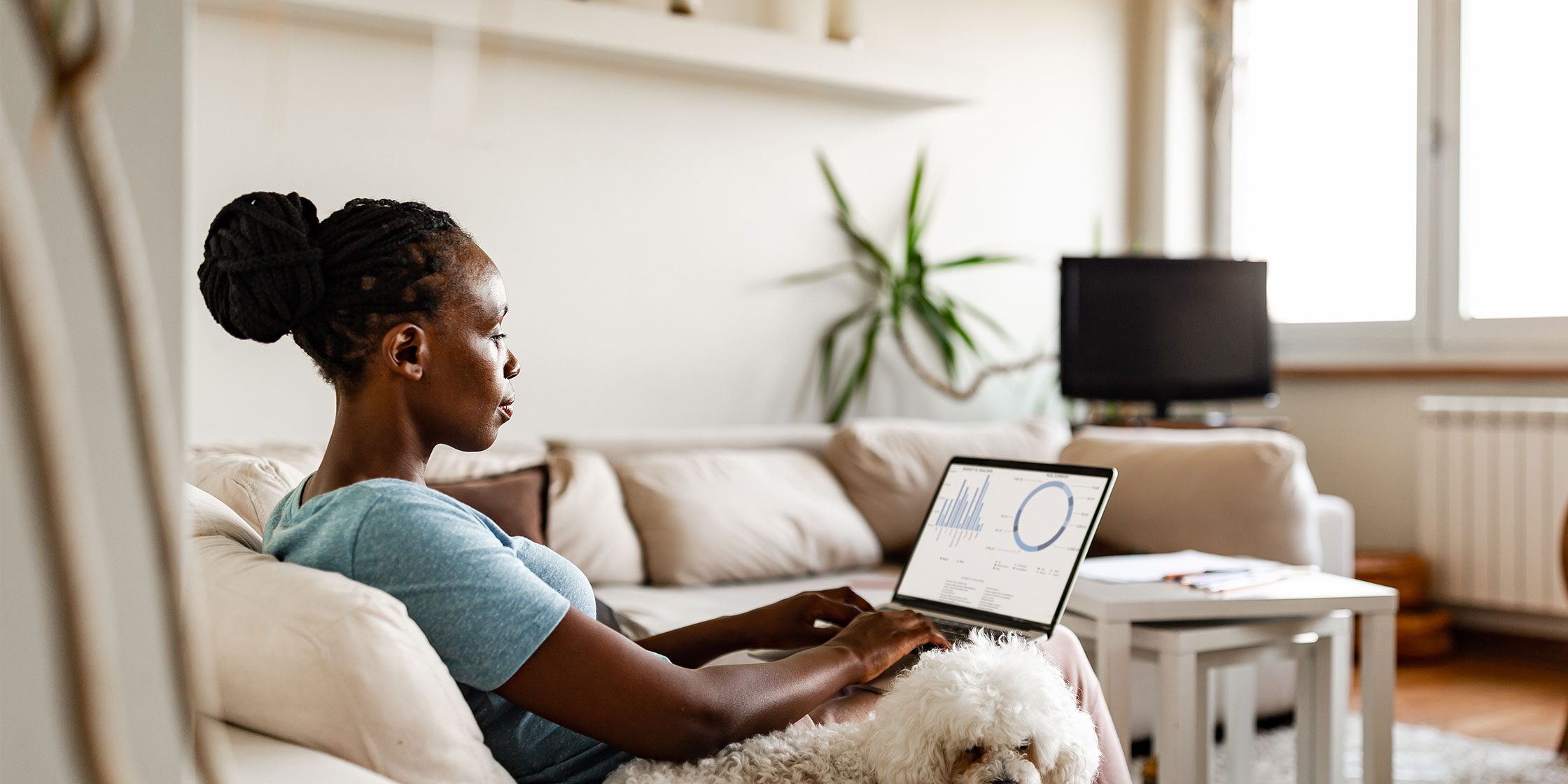 A person looking at the ROI of their investments on their laptop while sitting on the couch.