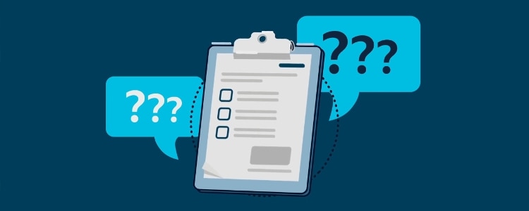 Illustration of a clipboard and word bubbles with question marks in them.