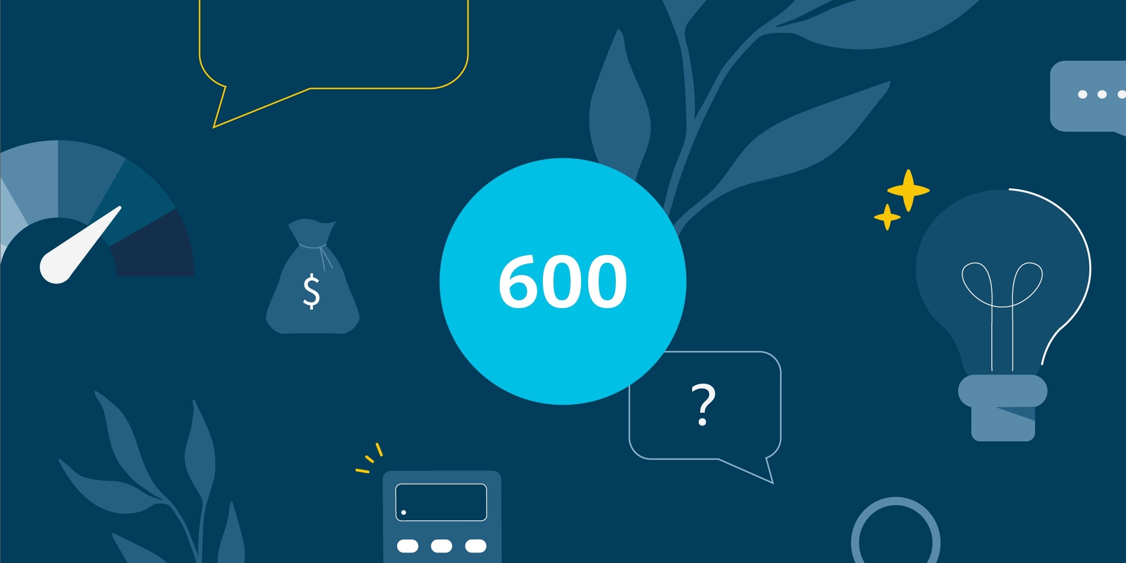 An illustration with 600 in the middle and objects including a lightbulb and a calculator around it.