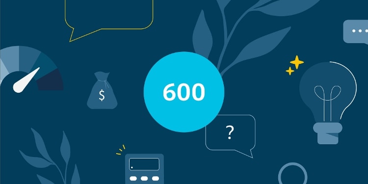 An illustration with 600 in the middle and objects including a lightbulb and a calculator around it.