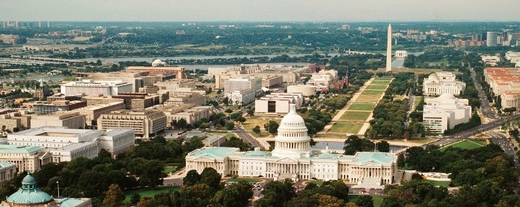 View of Washington, D.C., including the United States Capitol Building, the National Mall and the Washington Monument.