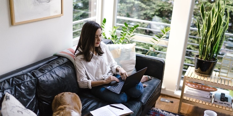 A person sitting on a couch reviews their credit score on a laptop.