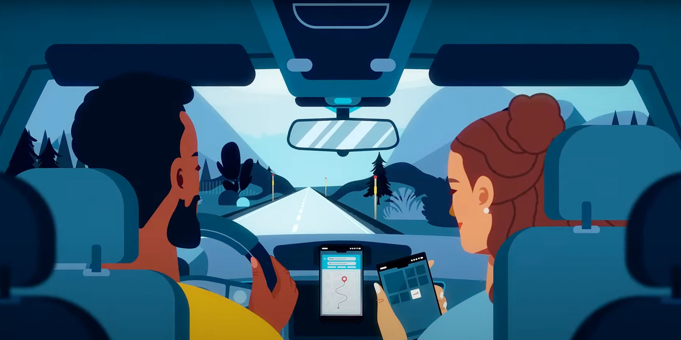 An illustration of a couple riding in a car and using GPS on a mobile phone.