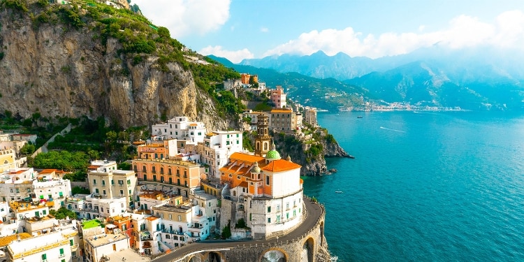An aerial view of Atrani on the Amalfi Coast of Italy.