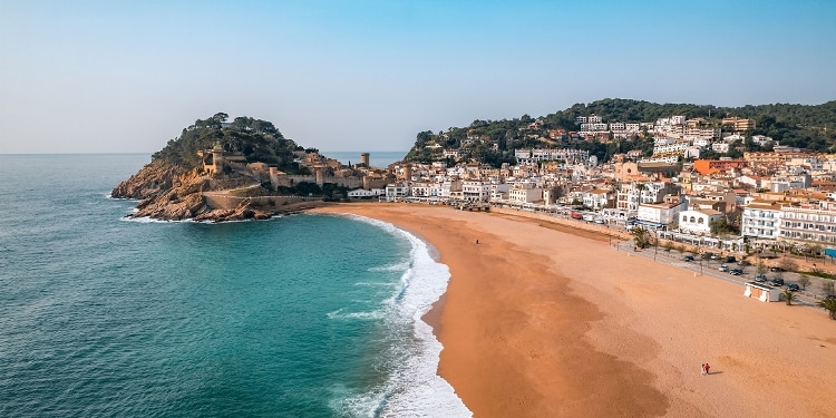 Aerial view of the coastline at Tossa de Mar in Catalonia, Spain.