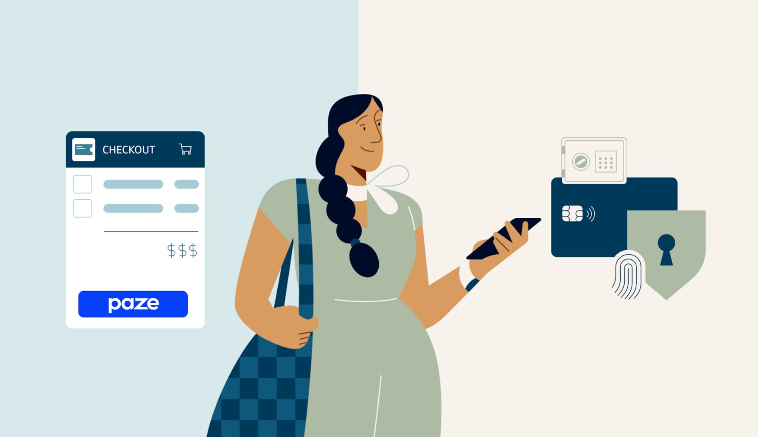 Illustration of a Paze checkout interface, a woman holding a smartphone, and digital security icons.