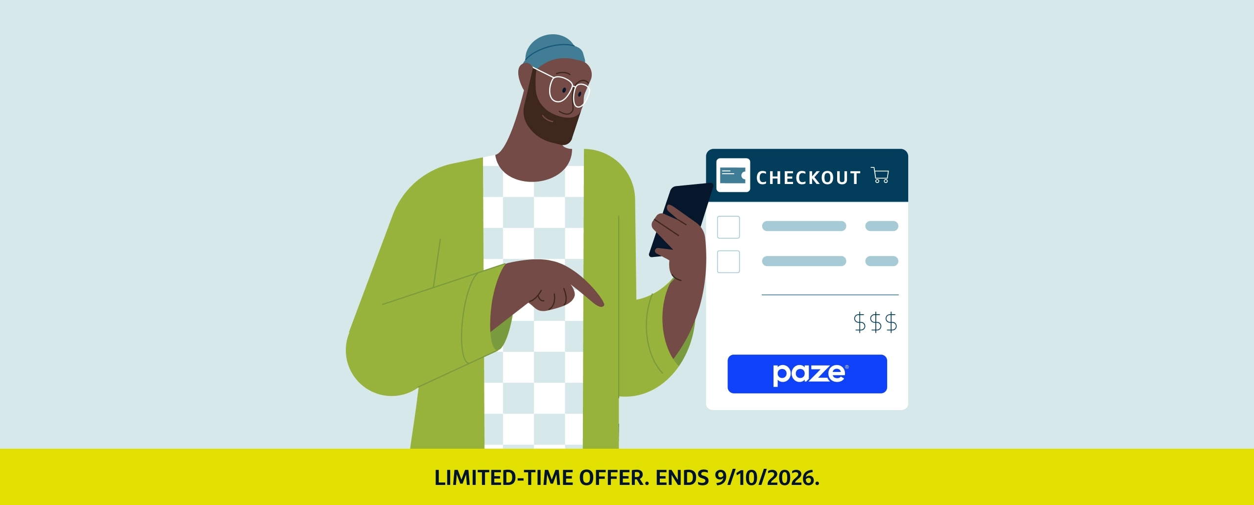 Illustration showing a person using Paze to check out on a mobile phone, with a text banner highlighting a limited-time offer that ends September 10, 2026.