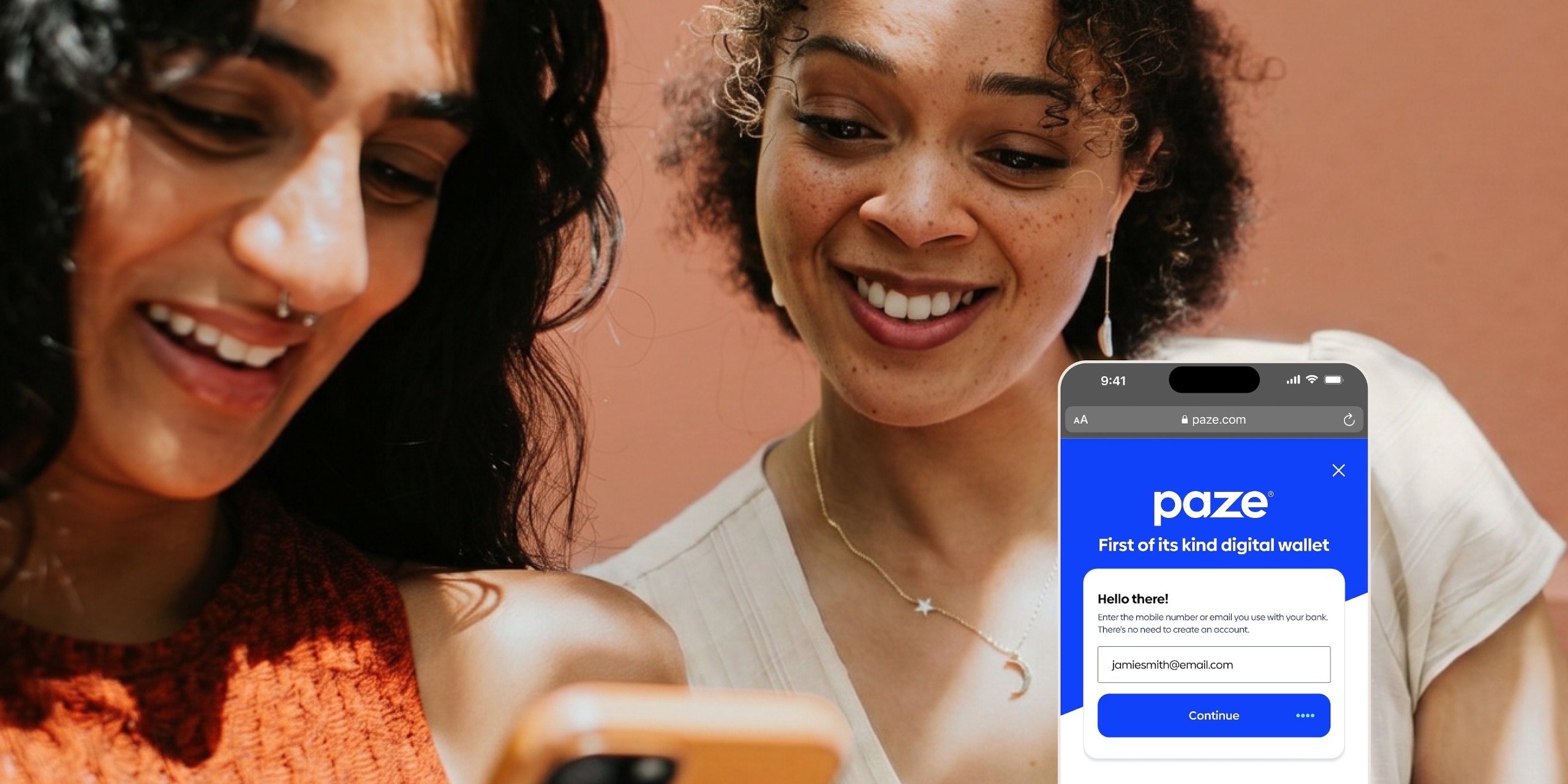 Two women smile as they look at a smartphone. To the right, an overlay shows a mock-up of a smartphone displaying the Paze interface.