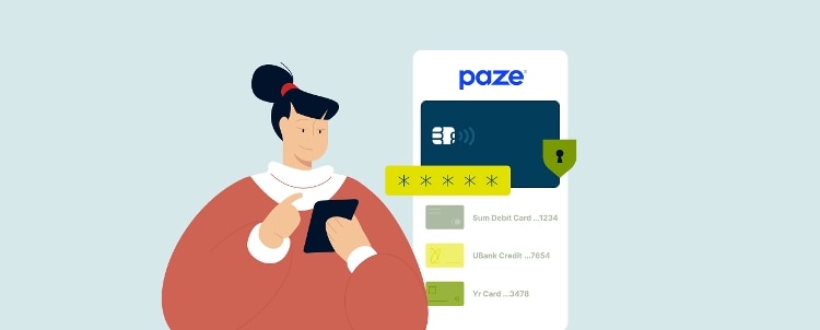 Illustration of a woman using a smartphone next to a Paze digital wallet interface showing multiple saved credit cards and a password prompt.