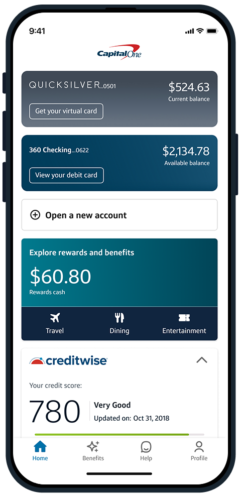 Phone showing Capital One's mobile app homepage