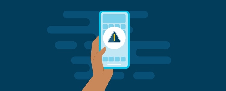 Illustration of hand holding smartphone with an alert on the screen.