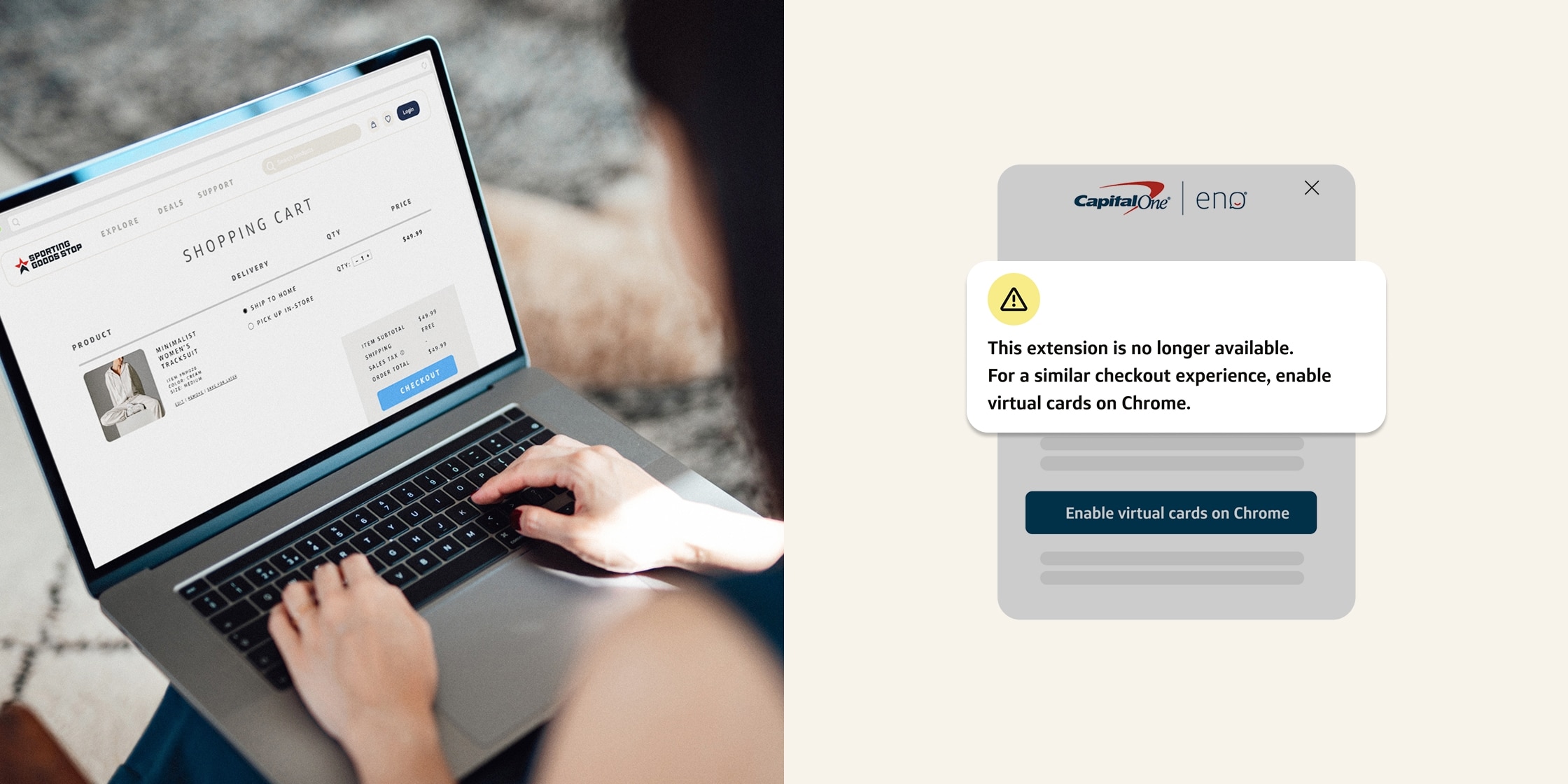 A person shopping on a laptop next to a Capital One UI popup that reads: 'This extension is no longer available. For a similar checkout experience, enable virtual cards on Chrome.' with a button to Enable virtual cards on Chrome.