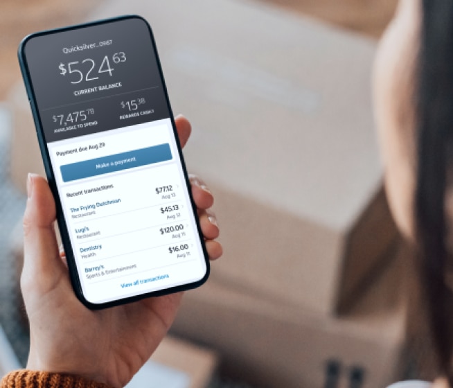 Mobile banking screen displaying a Capital One Quicksilver account.
