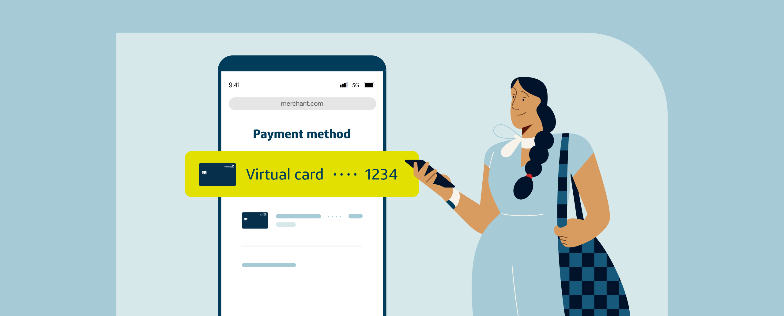 Illustration of a person selecting a virtual card on a payment method screen for an online checkout.