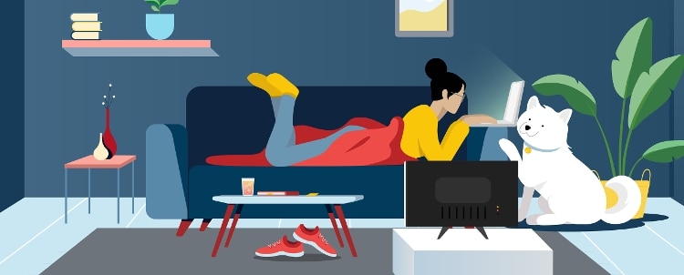 Graphic illustration of girl on apartment sofa with computer and dog nearby.