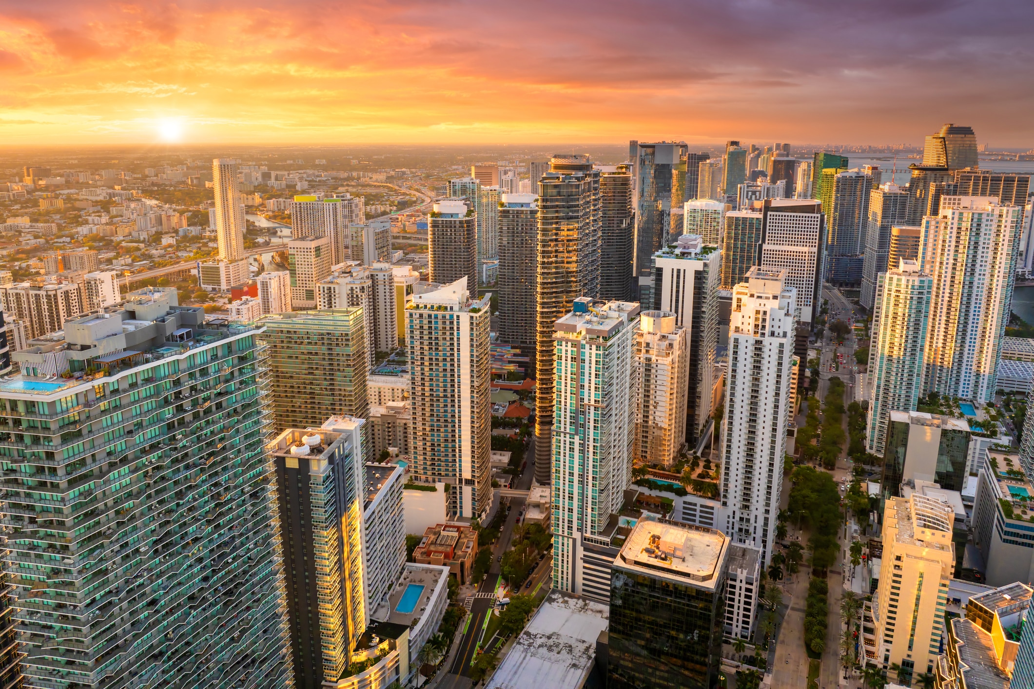 An aerial view of downtown Miami at sunset.