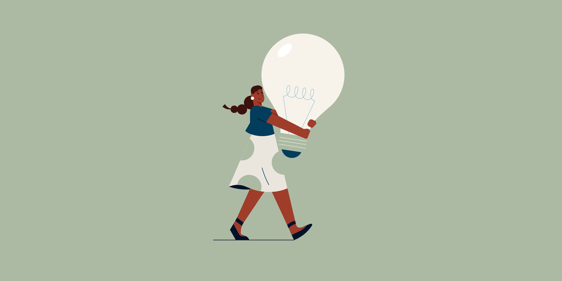 An illustration of a woman in a skirt holding a life-size lightbulb.