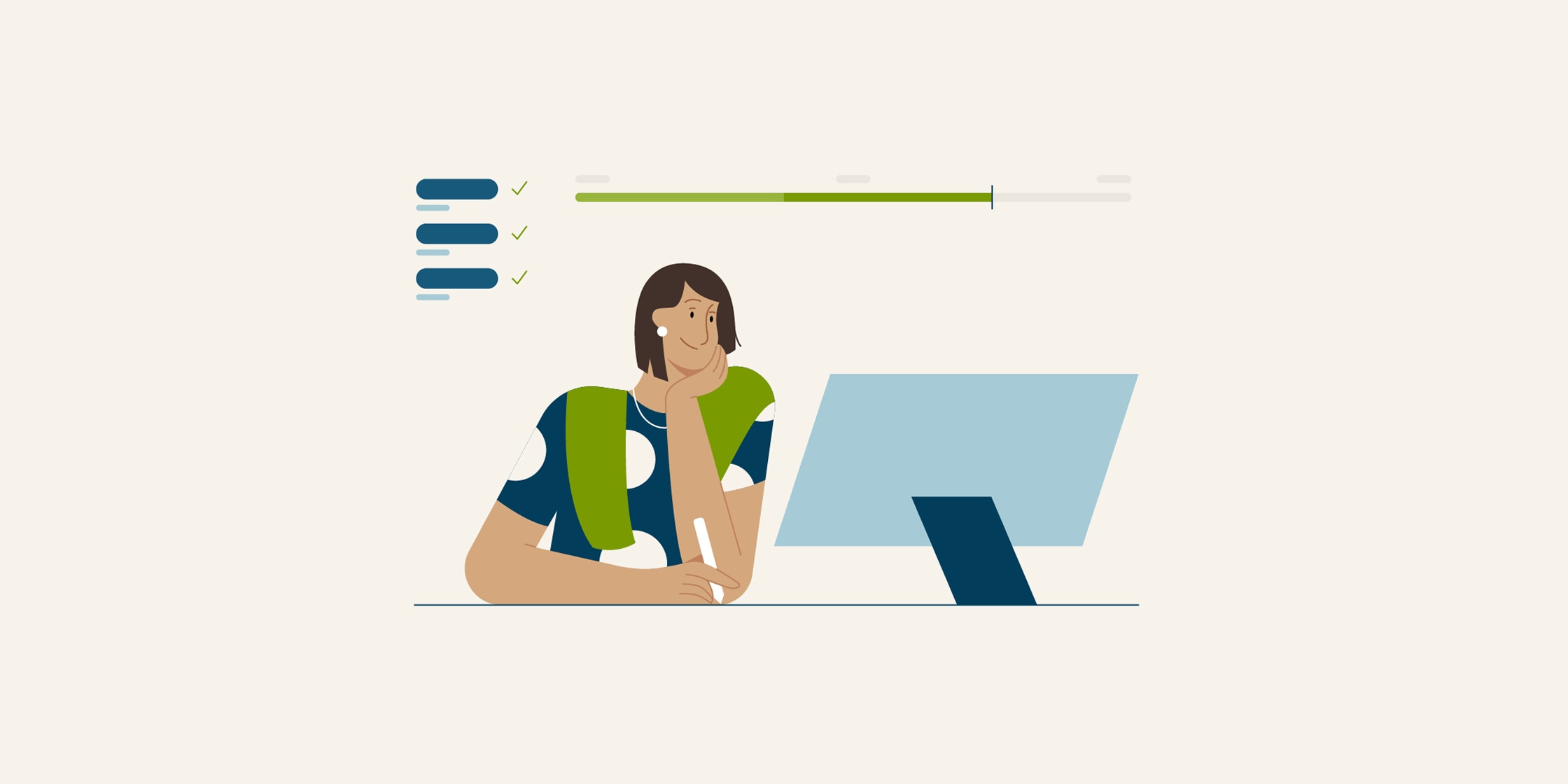 An illustration of a woman sitting at a desk. There’s a computer monitor on the desk and an illustrated checklist floating above her.