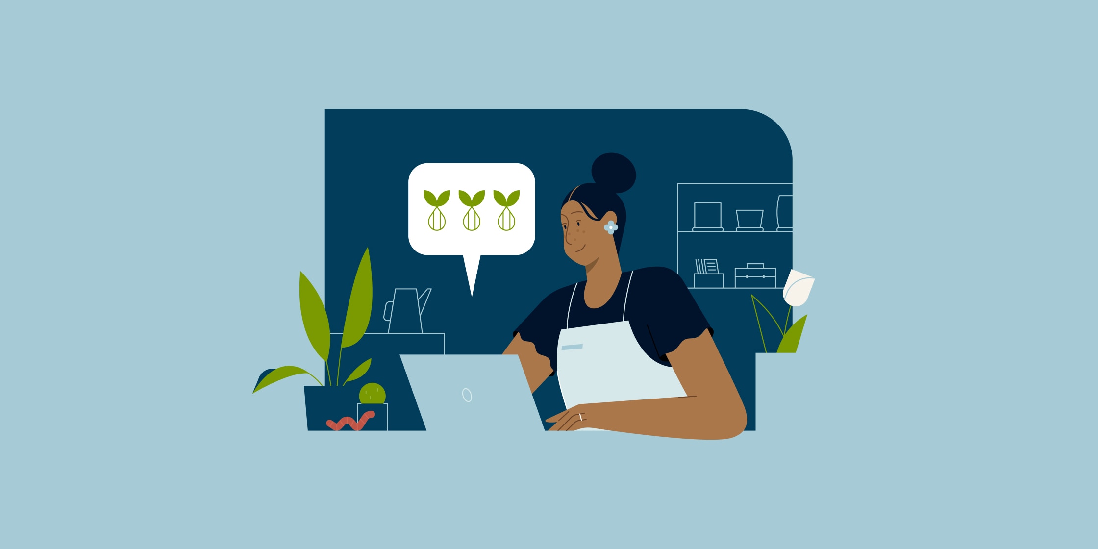 An illustration of a woman typing on a laptop and surrounded by plants.