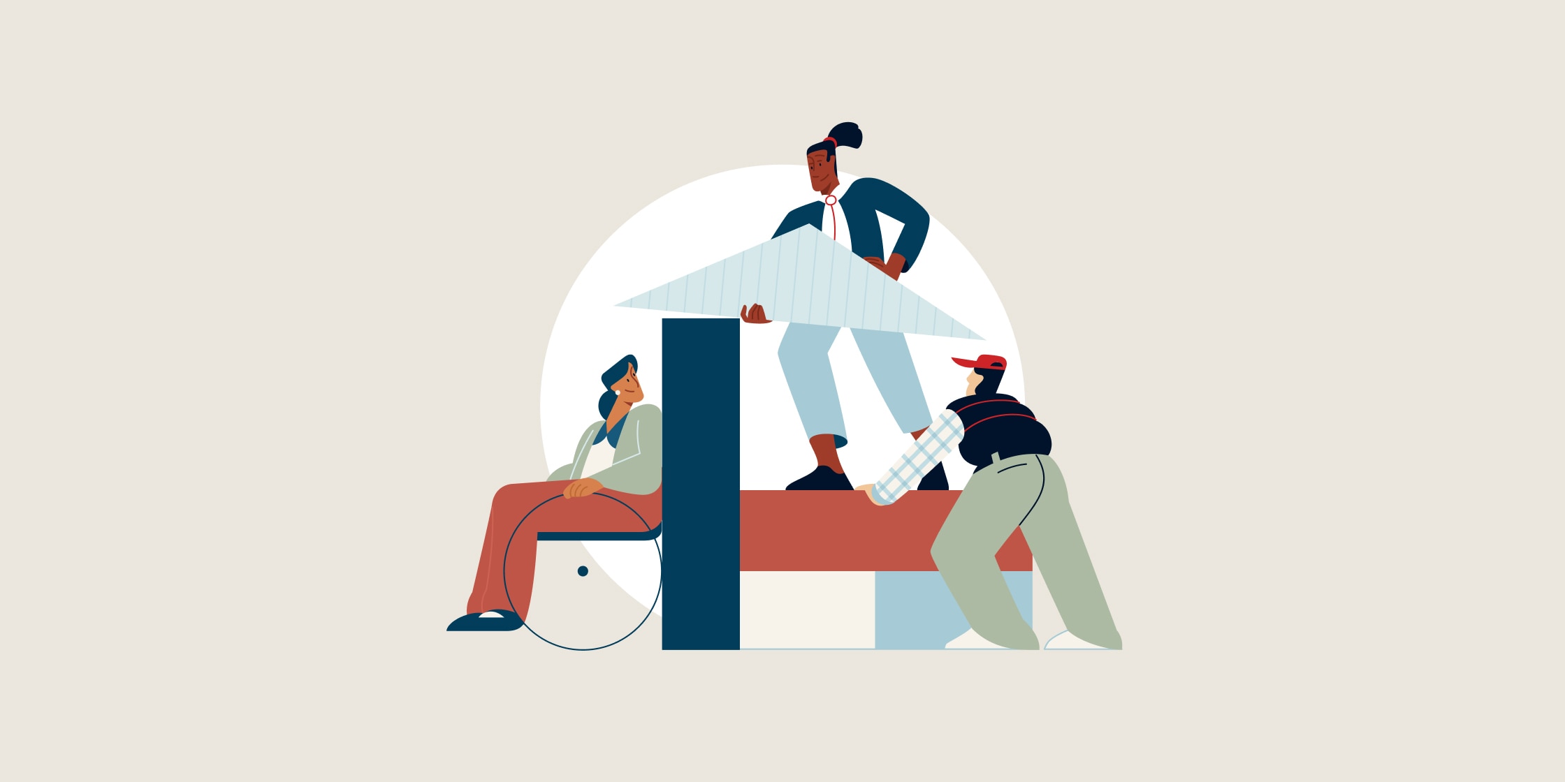 An illustration of people stacking shapes to form the outline of a house or building.