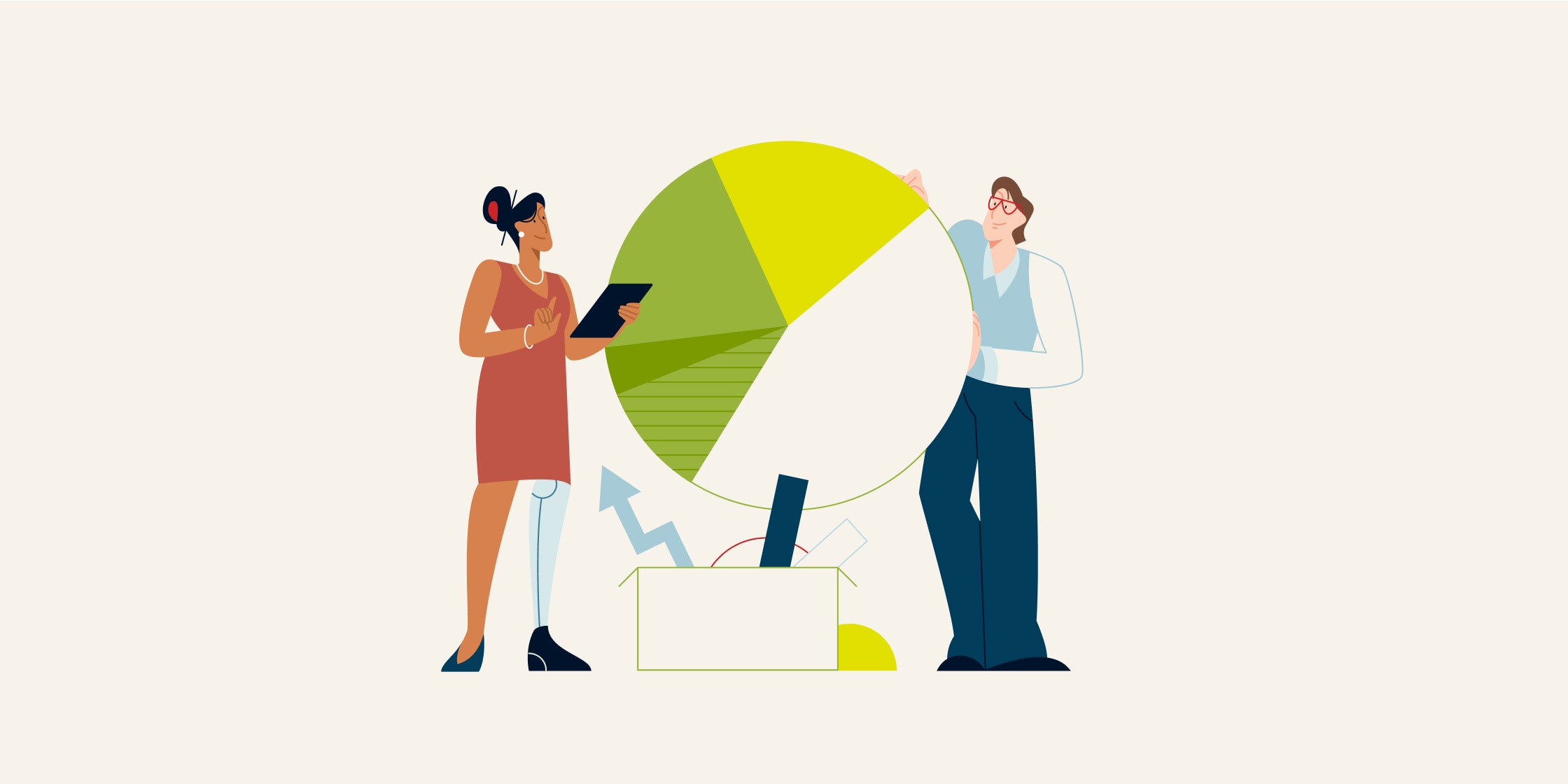 An illustration of two people holding up a pie chart together.