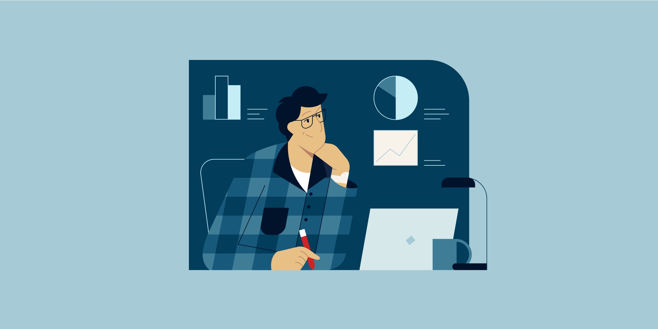 An illustration of a person sitting at a desk with a laptop open in front of him. There are line, pie and bar graphs floating around him.