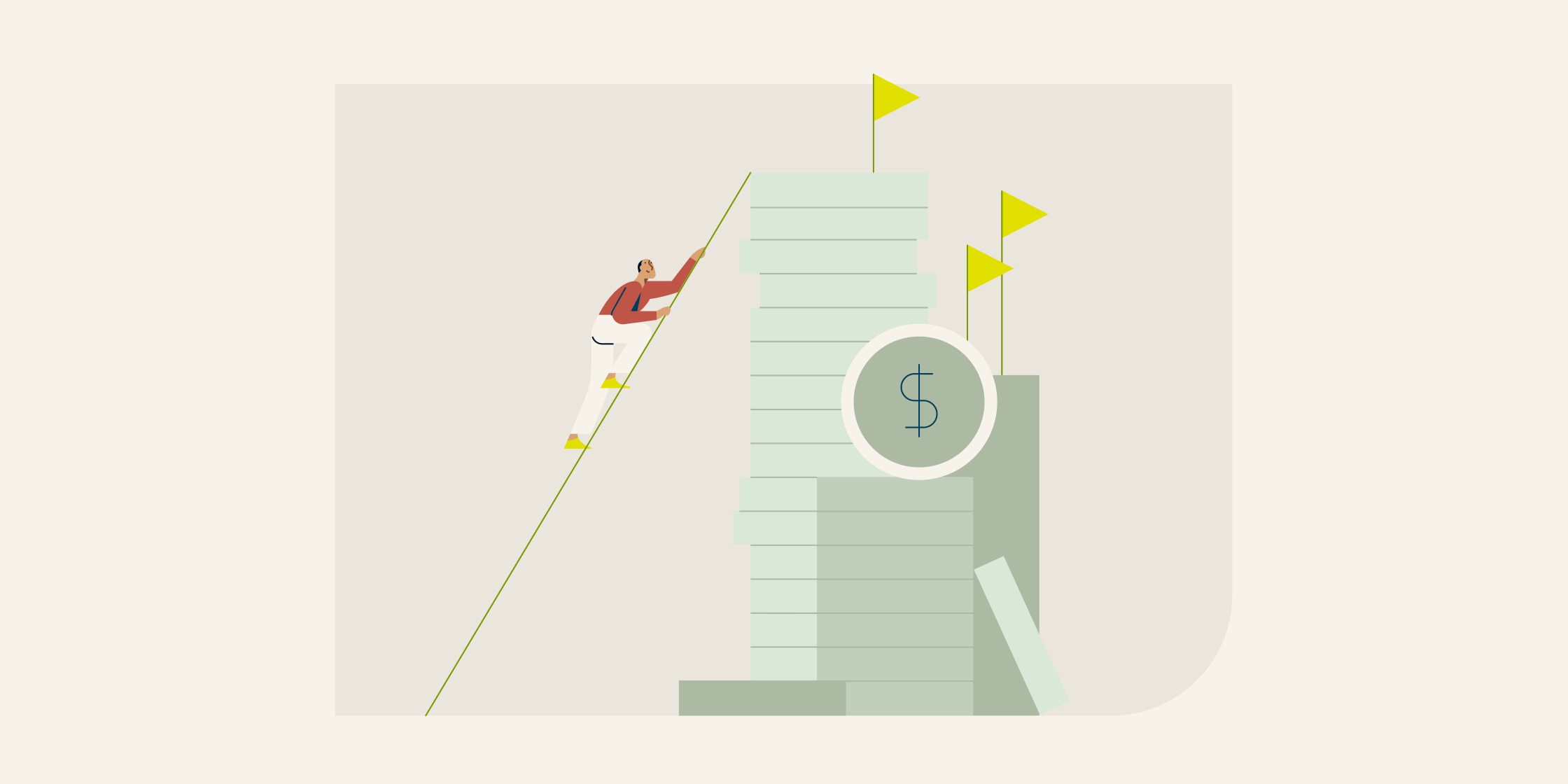 An illustration of a person climbing a ladder that’s leaning against green stacks.