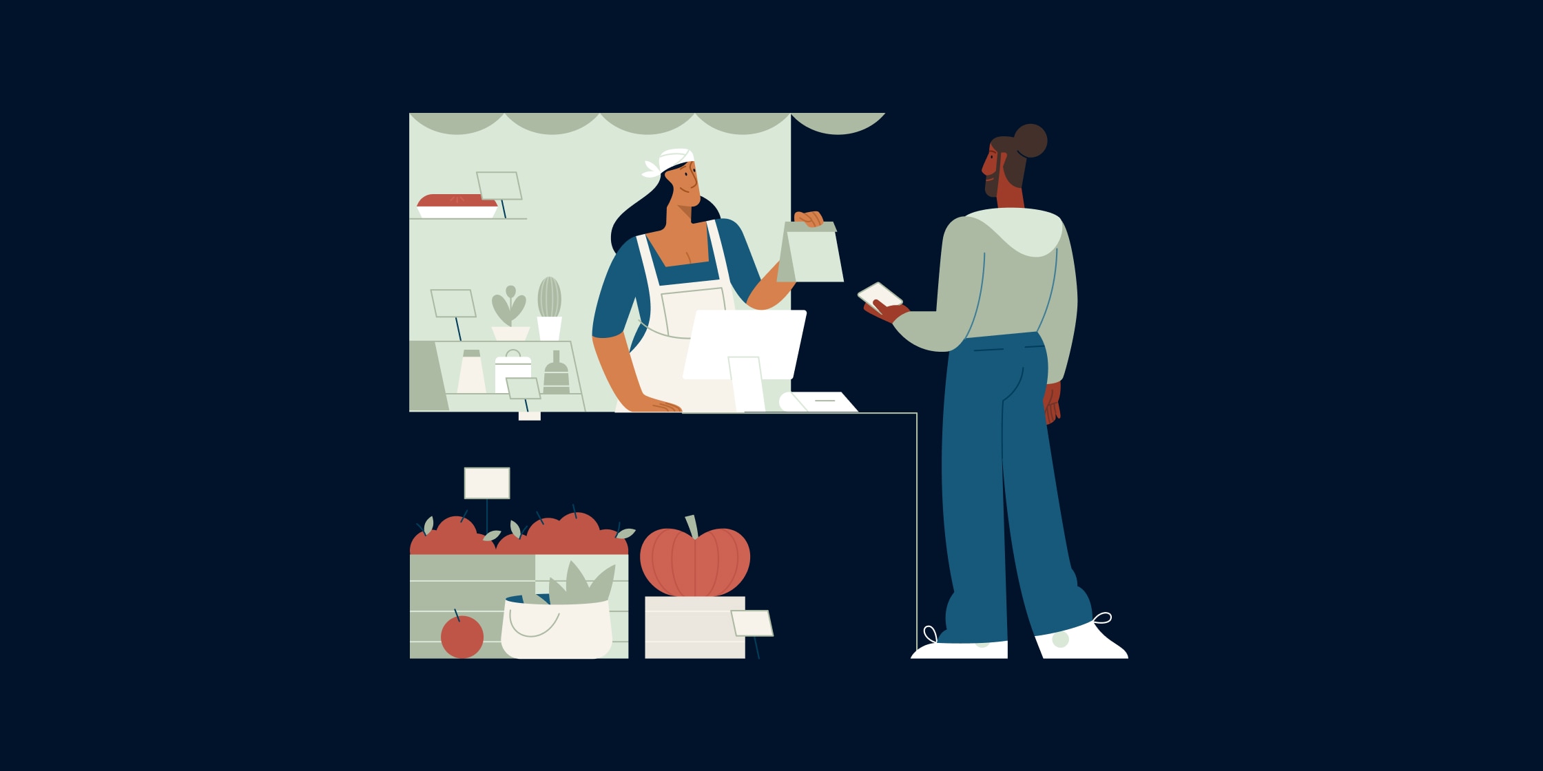 An illustration of a man purchasing something at a farmers market stand.