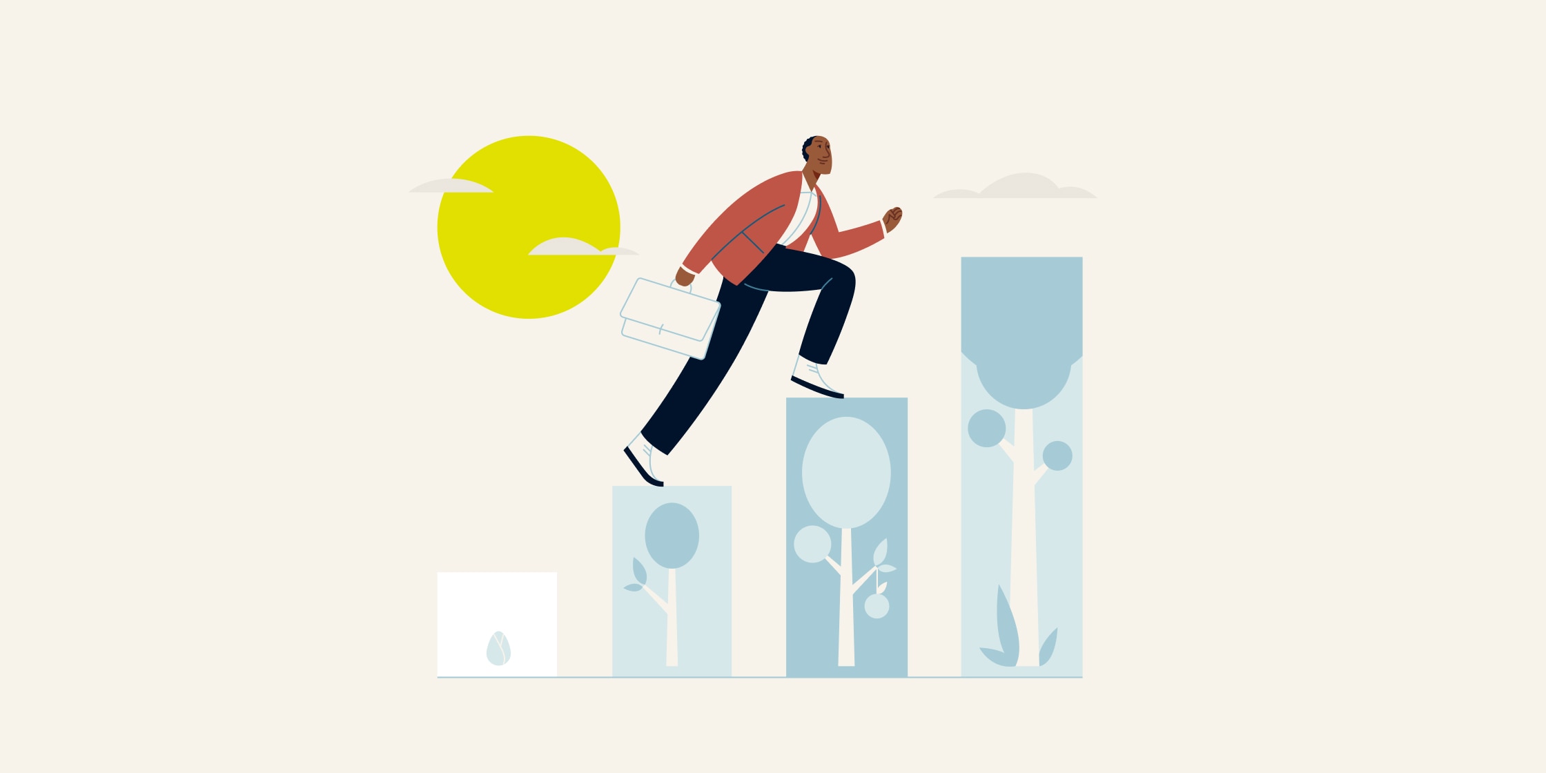 An illustration of a man climbing up a bar graph.
