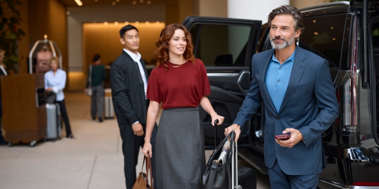 Business owner arriving at a hotel.