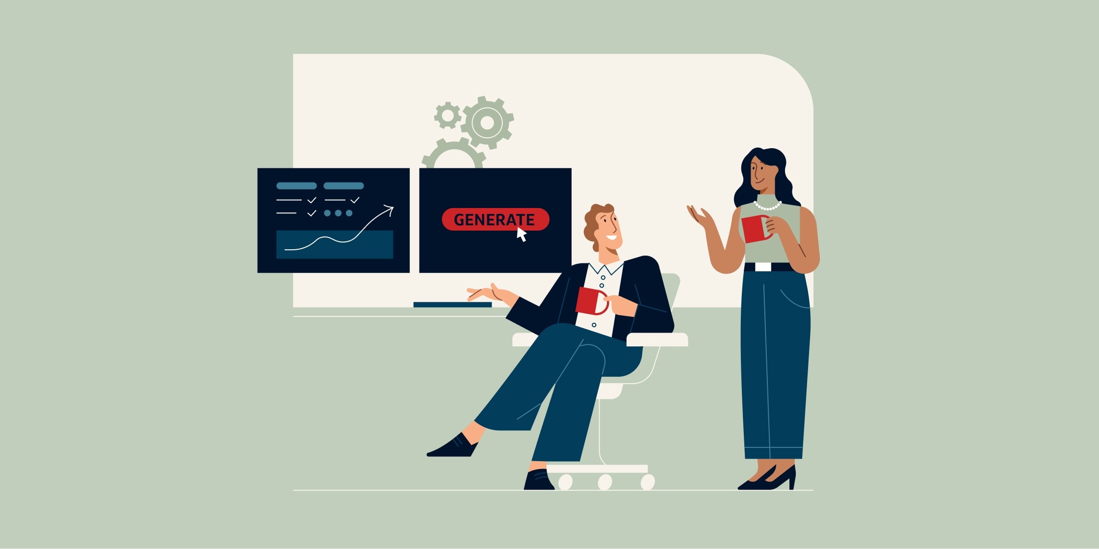 Two coworkers talk while they sip coffee, standing in front of a computer monitor that communicates how automation leads to business growth.